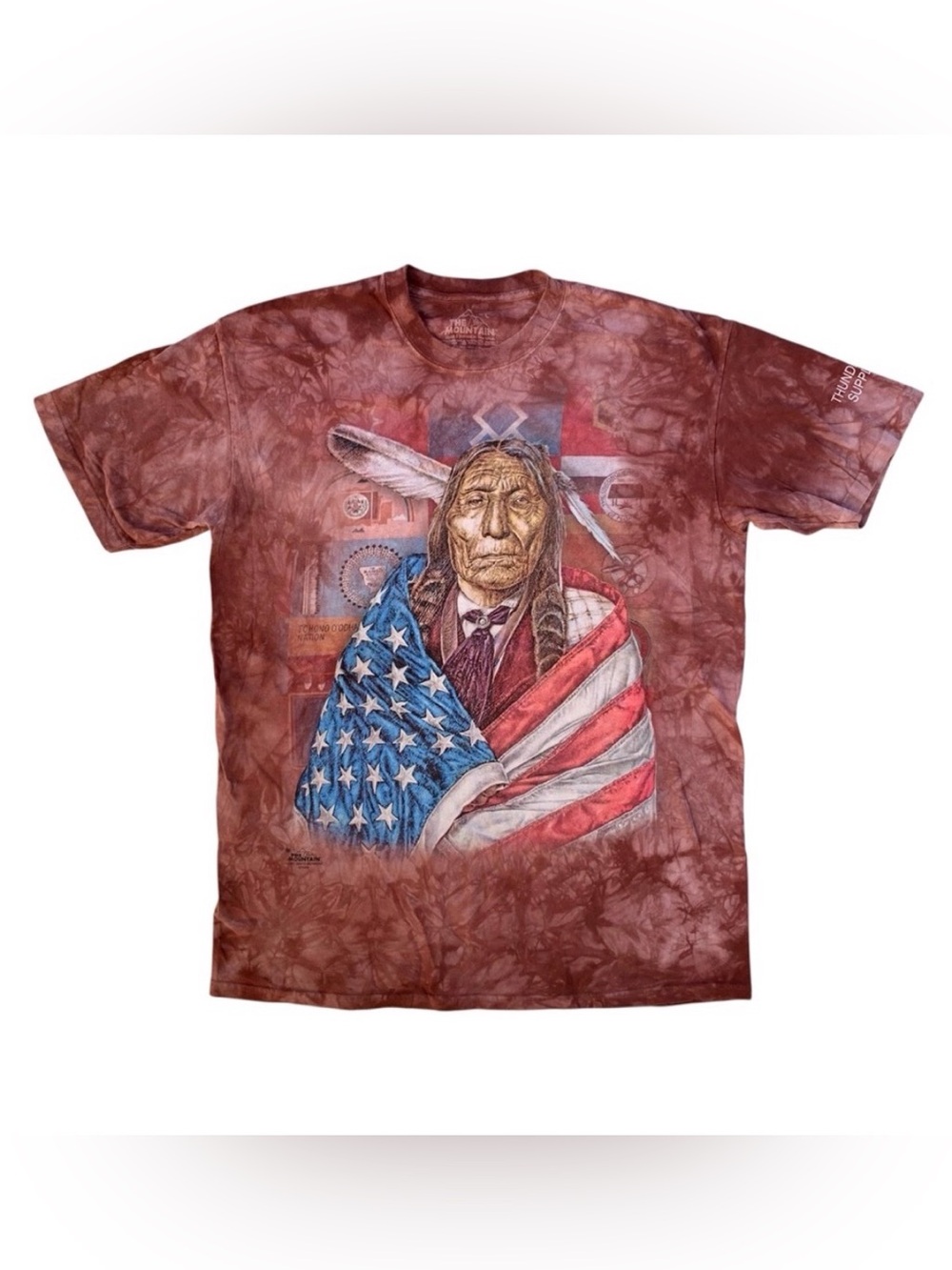 The Mountain Native American Indian Chief in American Flag Red Tie Dye Shirt - L